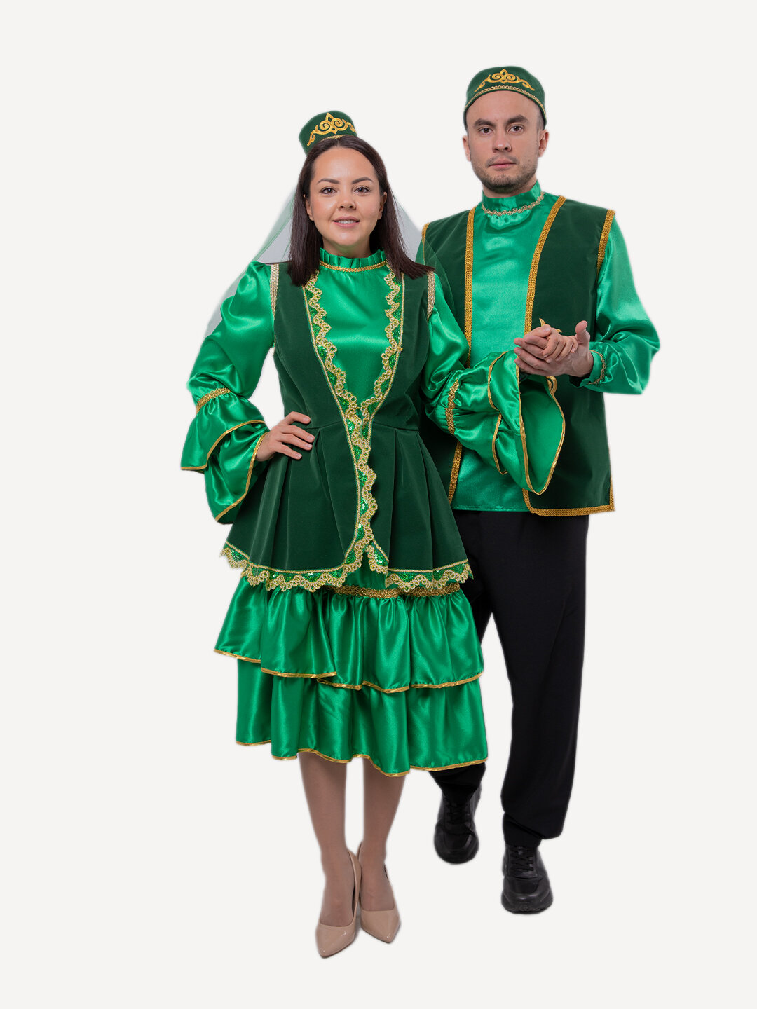 Татарский национальный костюм женский, цвет зеленый (Платье миди, жилет с баской Люкс, калфак) 48 размер