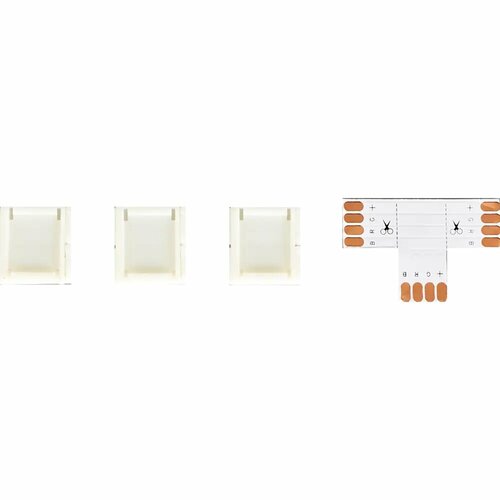 коннекторы для rgb светодиодной ленты 5050 12 24 в 10 мм ip20 т образный 3 клипсы контакты по центру Коннекторы для RGB светодиодной ленты 5050 12-24 В 10 мм IP20 Т-образный 3 клипсы, контакты по центру