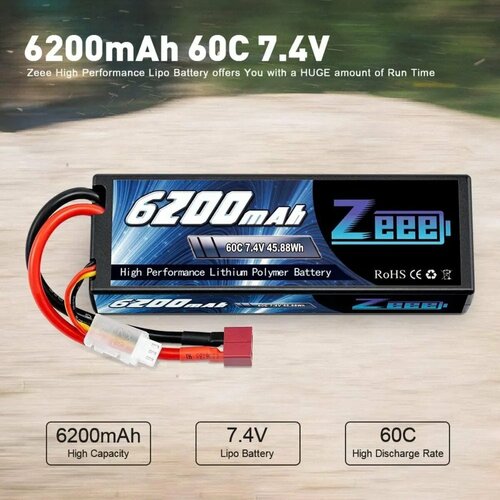 Аккумулятор для радиоуправляемой машинки 7.4V Li-Po ZEEE Power 6200mah 60C разъем T-plug zeee power аккумулятор zeee power lipo 11 1v 3s 45c 1500mah soft t plug zeee 1500 3s 45c