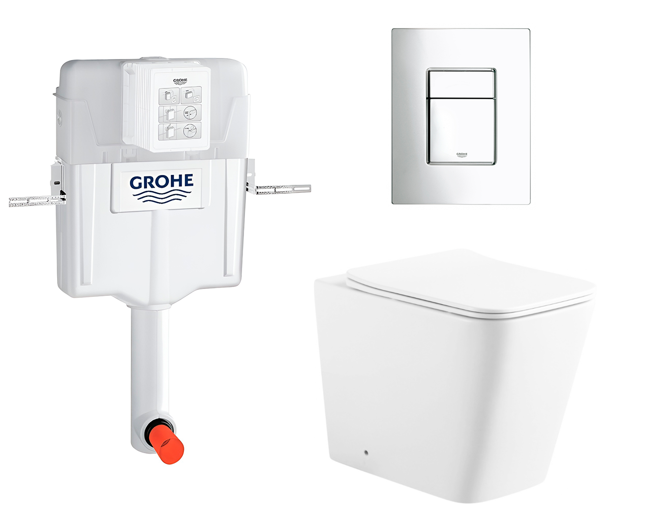 фото Комплект 3 в 1 смывной бачок скрытого монтажа Grohe GD2 + Унитаз приставной Enio Binario EN5215047 + Кнопка Skate Cosmopolitan хром