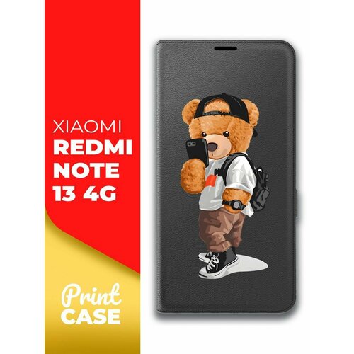 Чехол на Xiaomi Redmi Note 13 4G (Ксиоми Редми Ноте 13 4г) черный книжка эко-кожа отделение для карт магнит Book case, Miuko (принт) Мишка Смартфон