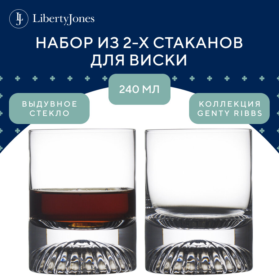Стакан для виски, выдувное стекло Genty Ribbs, 240 мл, набор из 2 шт, прозрачный, Liberty Jones, PS_LJ_GNR_WSGLS_240-2