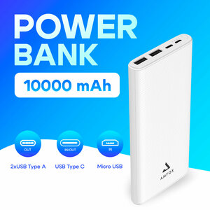 Повербанк для iphone 10000 mAh, AMFOX, APB-510, power bank для телефона, внешний аккумулятор, пауэр банк для redmi, пауэрбанк для xiaomi, белый