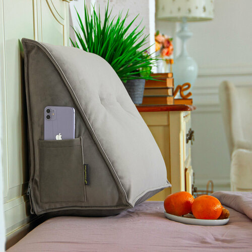 Треугольная клиновидная подушка для спины, для кровати, дивана PillowPlace бархат Серый шелк 60х20х45 см