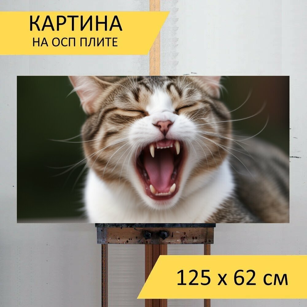Картина на ОСП для любителей животных "Домашние питомцы, коты, зевающий" 125x62 см. для интерьера на стену