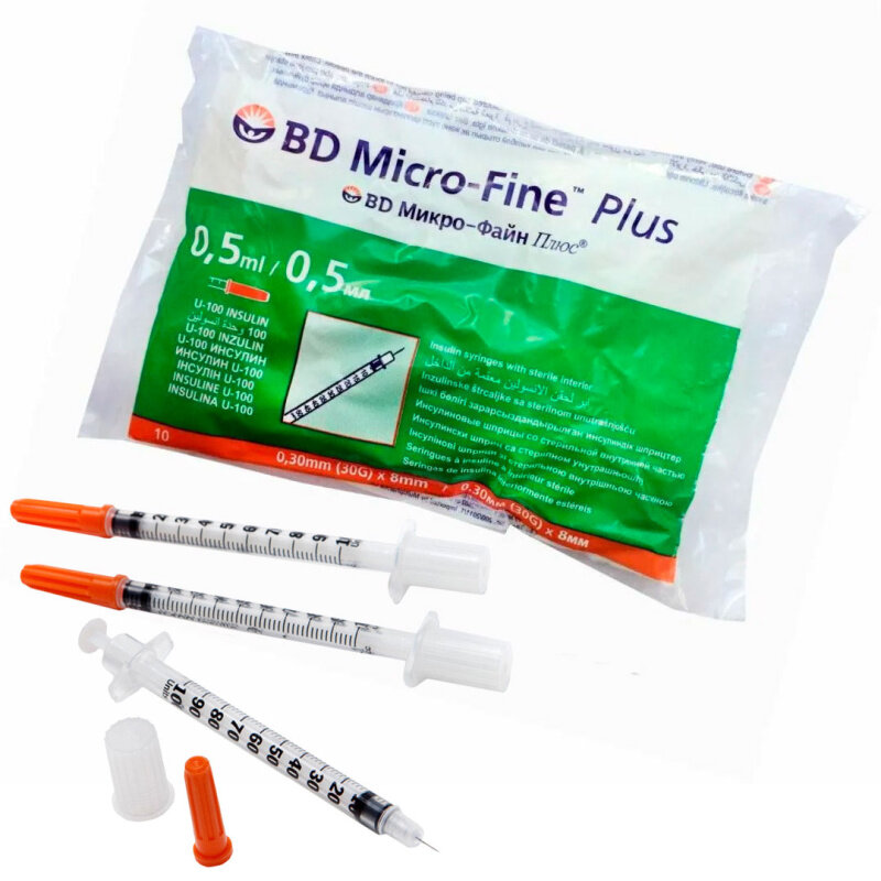 BD Micro-Fine Plus Шприцы инсулиновые Микро-Файн Плюс 0,5 ml U-100 с несъемной иглой 30 G, 10 штук