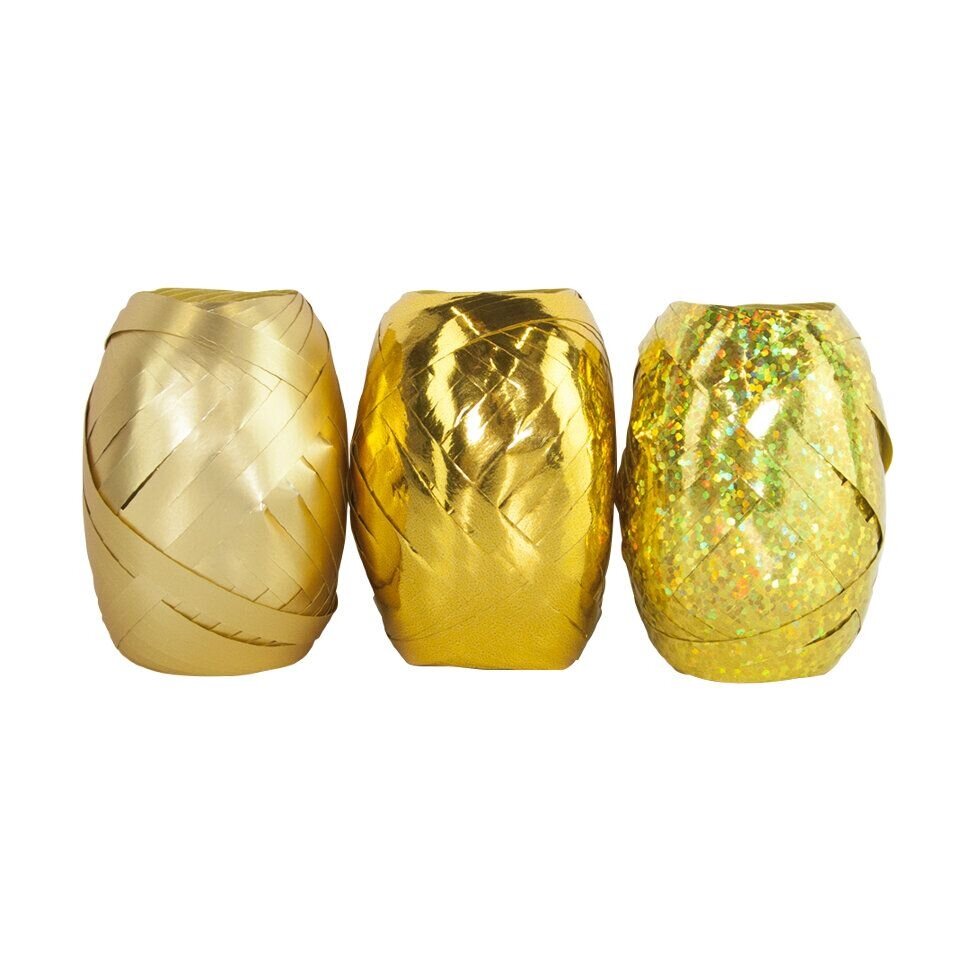 Лента полипропиленовая (0,5 см*10 м) Золотой микс, Металл, Матовый металл, Голография, 3 шт.