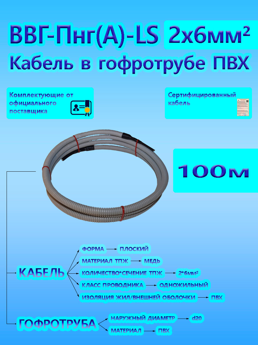 Кабель ВВГ-Пнг(А)-LS 2х6 ОК 0,66 кВ ГОСТ в серой гофротрубе ПВХ d20 (100 м) универсальный L-фаза