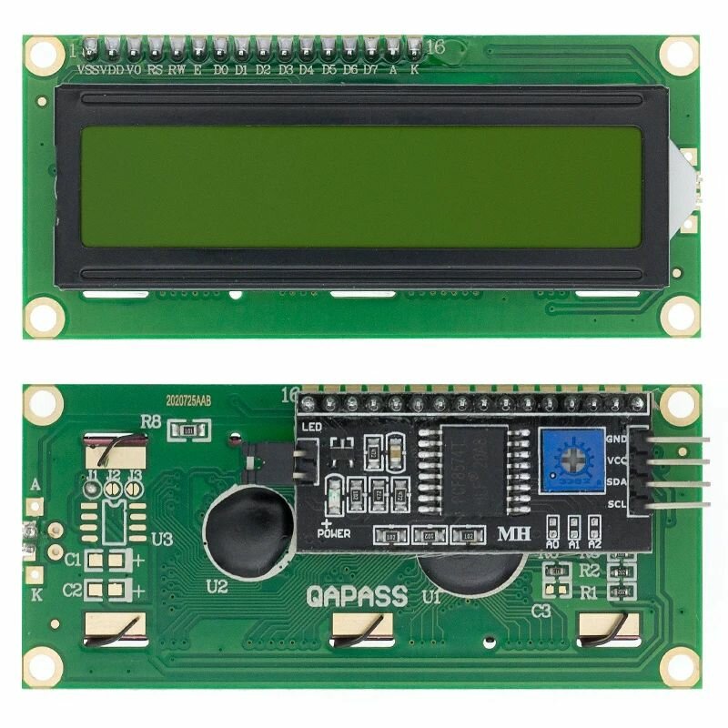 LCD дисплей 1602 зеленый, с I2C модулем, для Arduino, NodeMCU, STM32