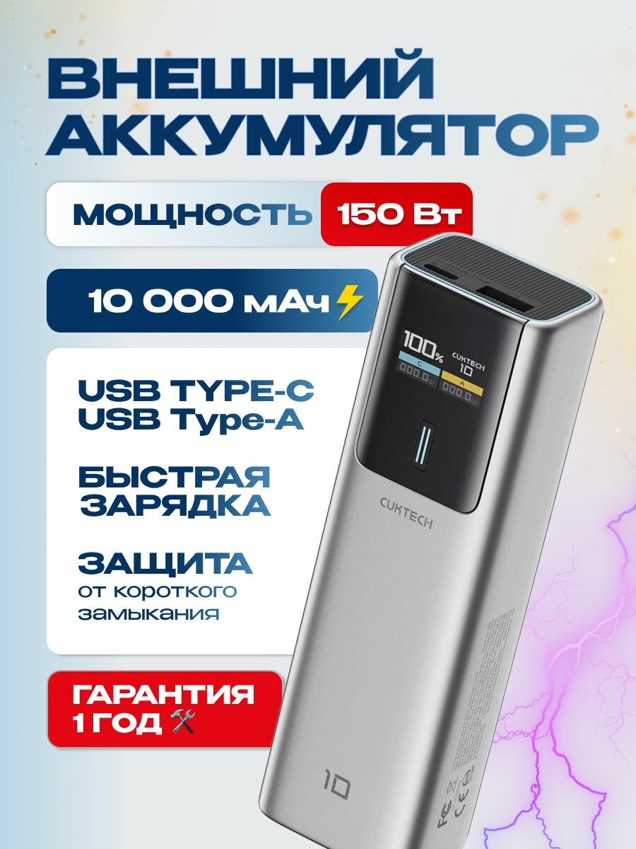 Внешний аккумулятор Cuktech PB100P, 10000 мАч, 150Вт, QC 3.0, PD3.1 TFT-экран,