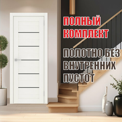 Комплект межкомнатная дверь Рондо 22 с коробкой и наличником, отделка декором black star, цвет белое дерево 80х200 см белый