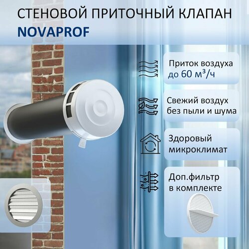 Приточный клапан стеновой NovaPROF КИВ-125 с трубой 0,6 м, фильтром и алюминиевой решеткой