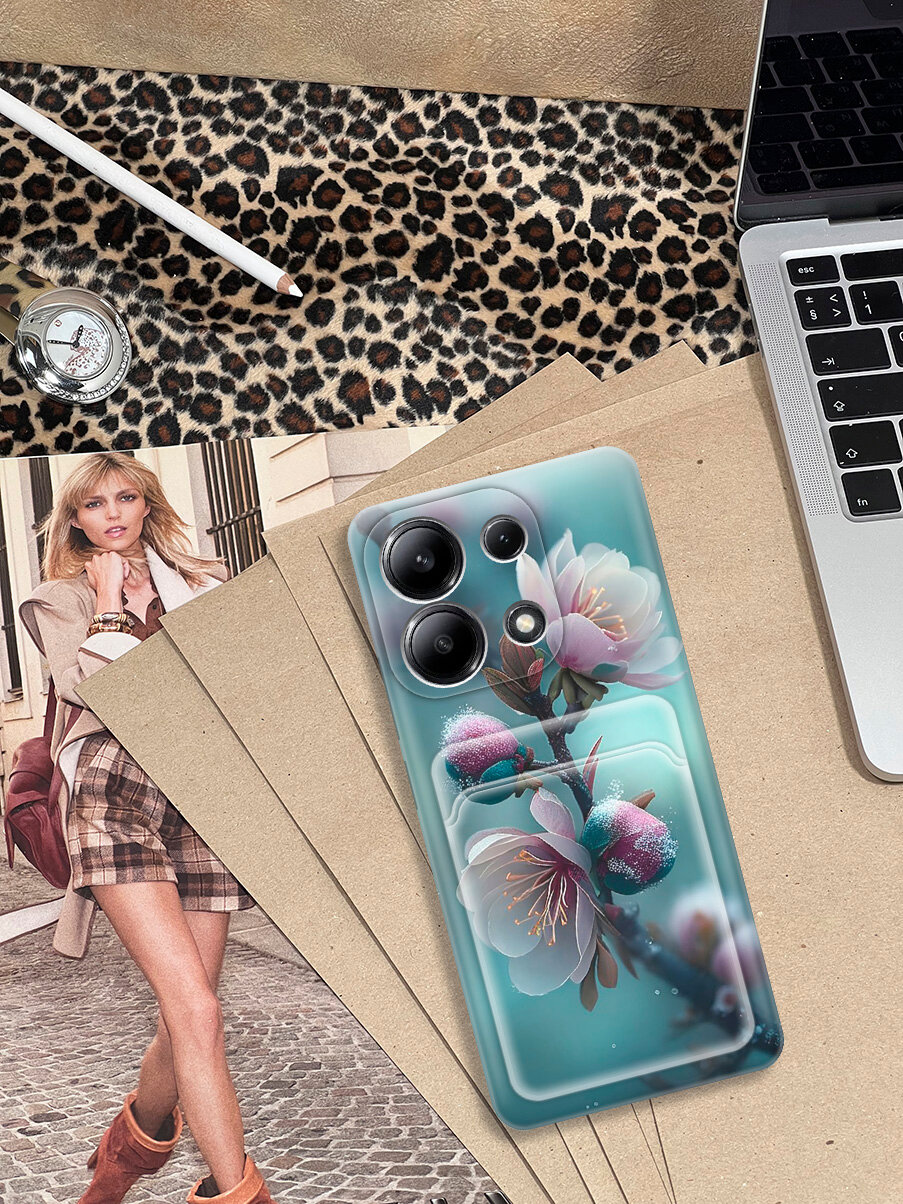 Силиконовый чехол на Xiaomi Redmi Note 13 4G с принтом "Распускающиеся бутоны" с карманом для карты прозрачный — фото 1