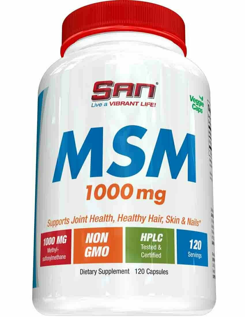 Препарат SAN MSM 1000mg, для суставов, связок, нейтральный вкус, 120 капс.