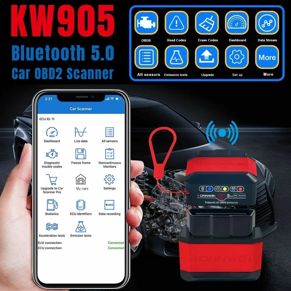 Универсальный автосканер для диагностики состояния систем авто Konnwei KW905, OBD2 сканер, bluetooth v5.0, ELM327 V1.5 версия 2025 года — фото 1