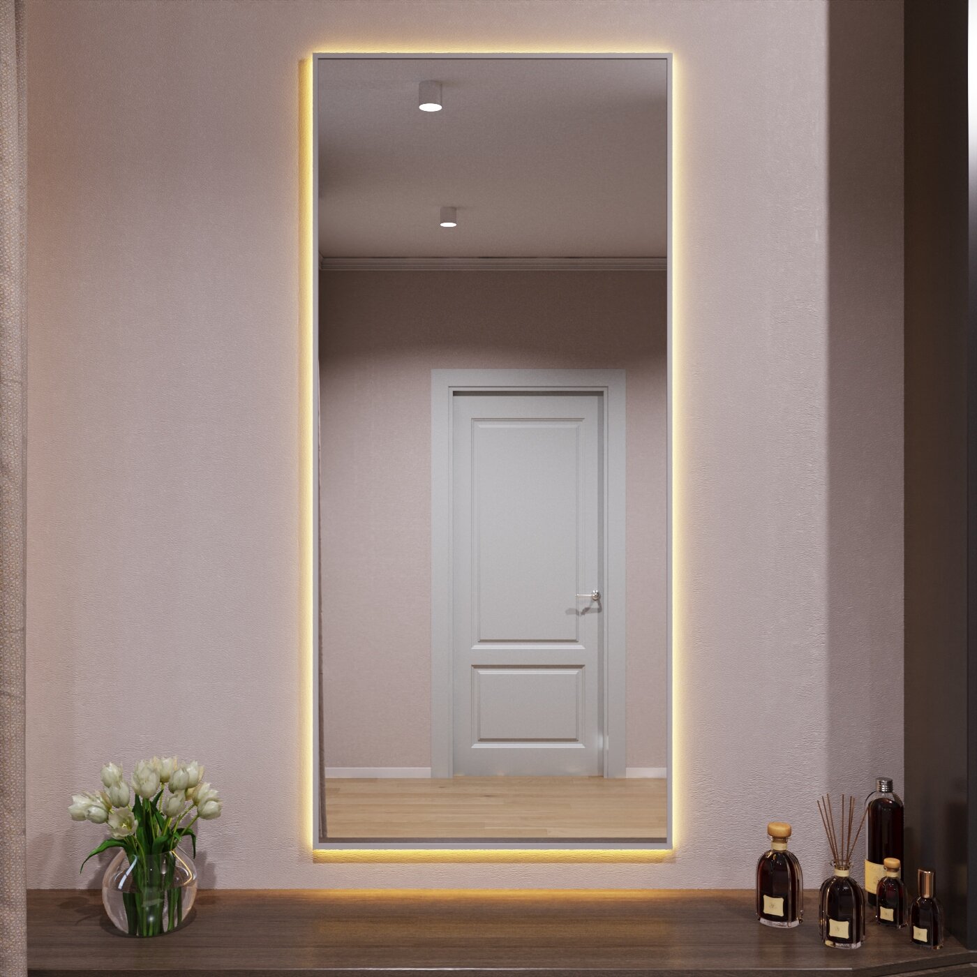 Зеркало с подсветкой в алюминиевой раме настенное Market-house150х70 см. Свет: Теплый белый 3000К. Серебро