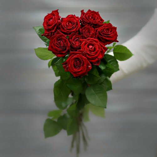 Изображение товара Букет живых цветов из 9 красных роз (Россия) с лентой 50 см