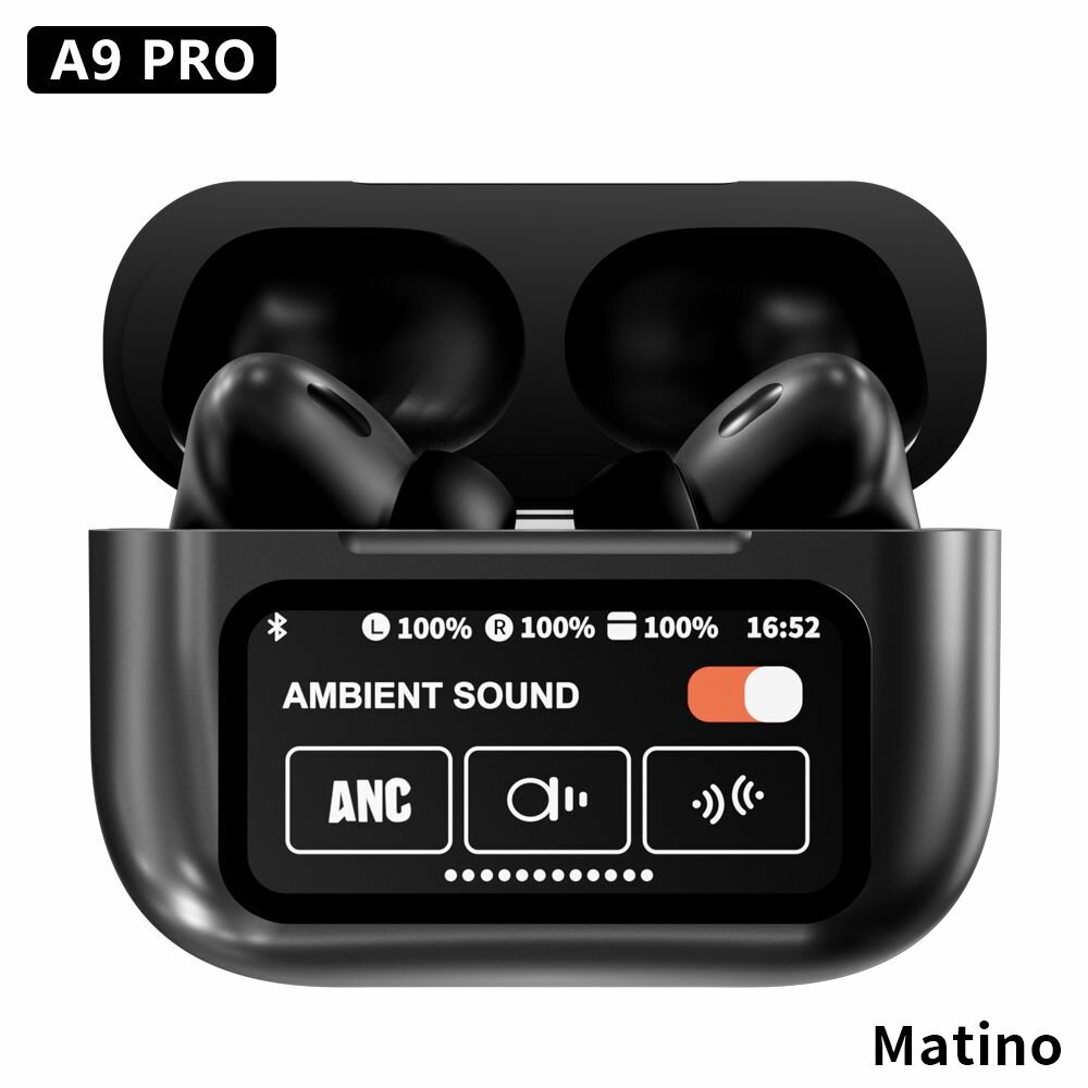 Наушники беспроводные A9 PRO, микрофоном, шумоподавлением, интеллектуальный сенсорные экран, наушники для iOS/Android с экраном, черные — фото 1