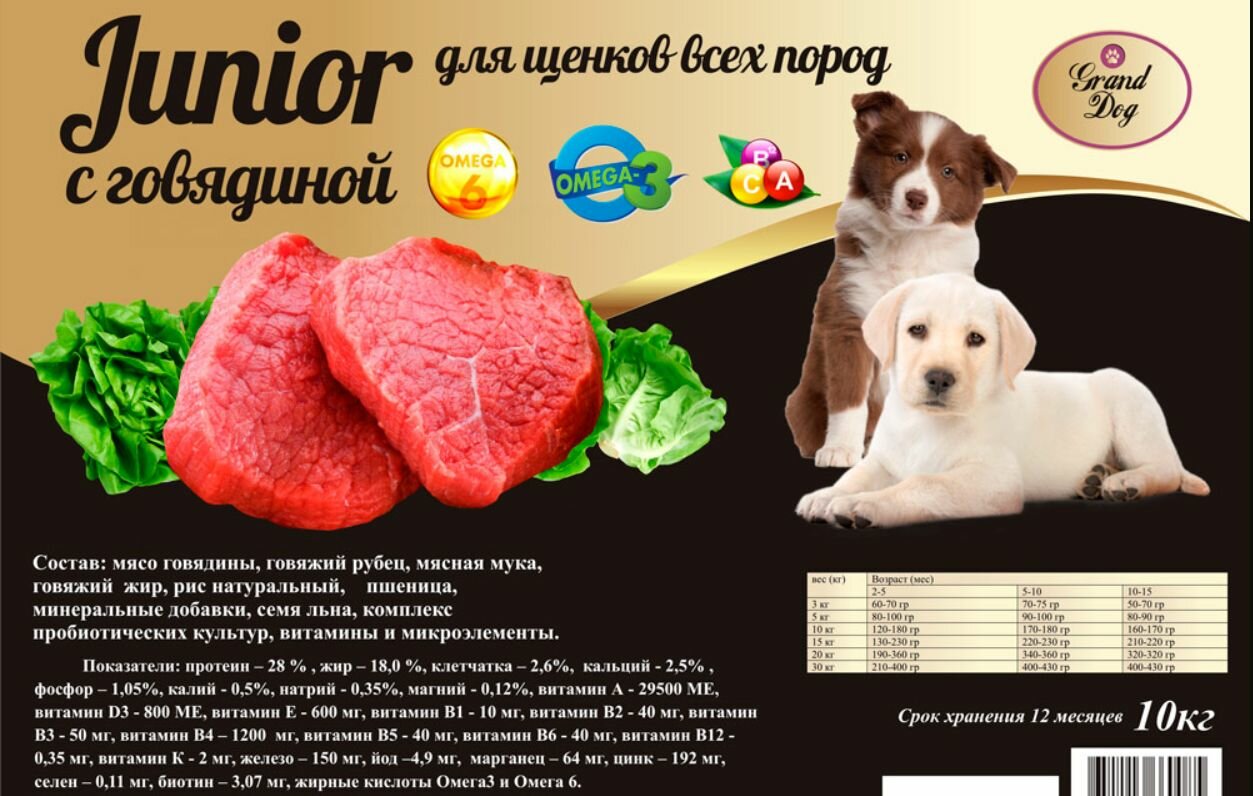 Корм для щенков Grand Dog Гранд дог Junior с говядиной супер-премиум класса 10 кг — фото 1