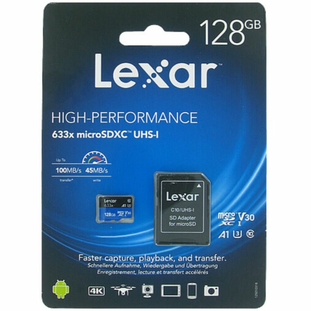 Карта памяти Micro SecureDigital 128Gb Lexar 633x SDXC class 10 (LSDMI128BB633A) + SD адаптер — фото 1