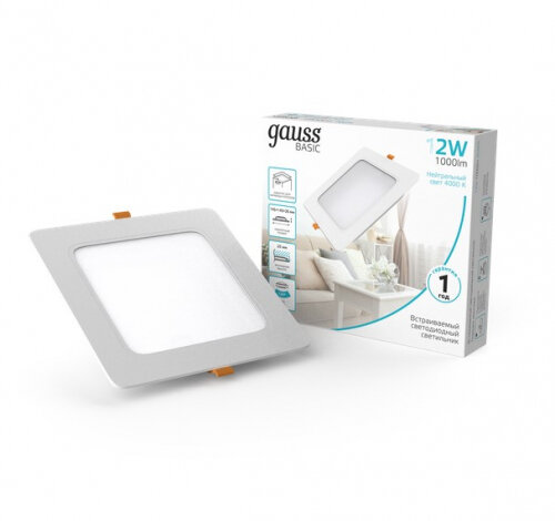 Светильник downlight Gauss Basic квадрат 12W 1000lm 4000K 170-260V IP20 145*26 белый LED 1/60