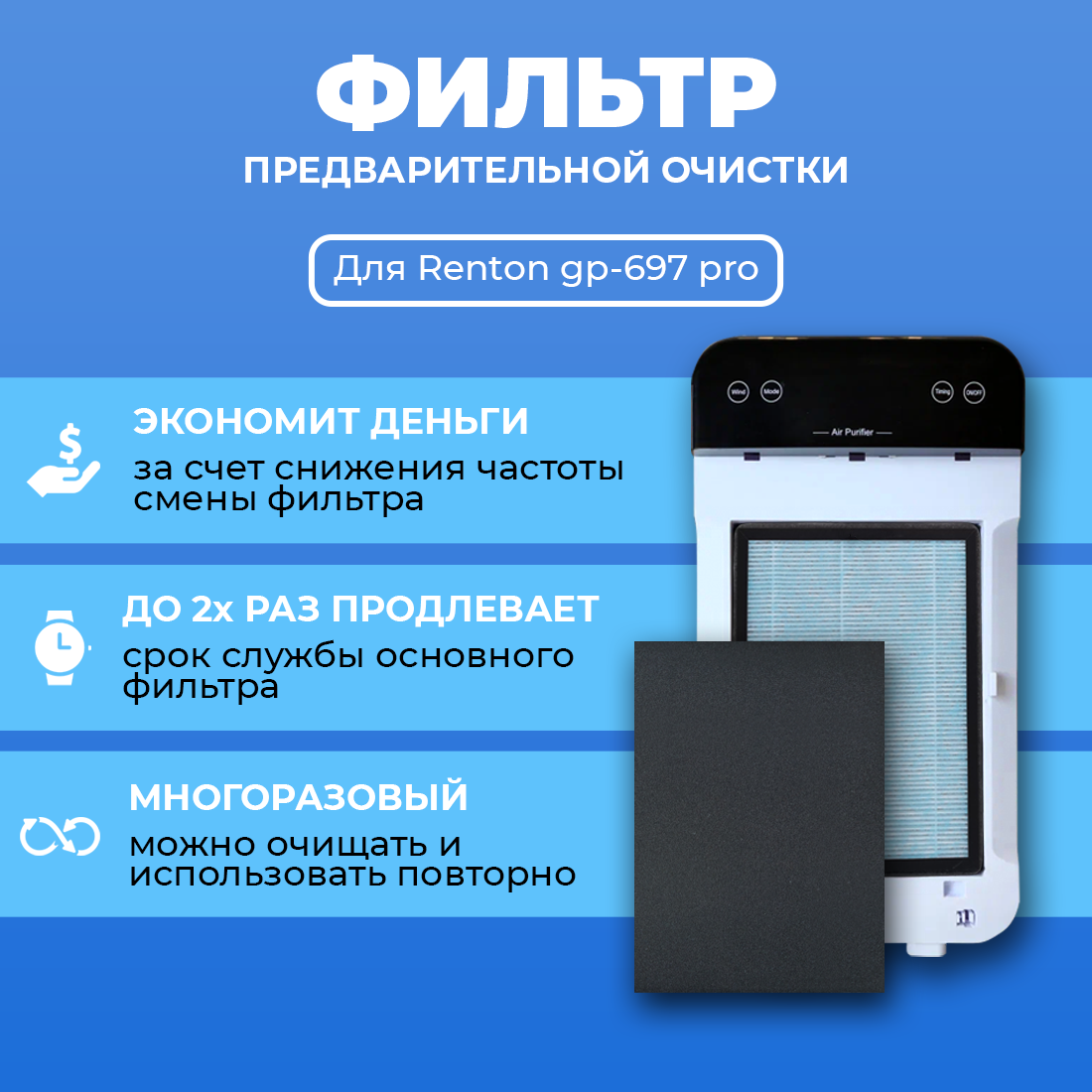 для очистителя воздуха Renton GP-697 PRO. Многоразовый. Префильтр
