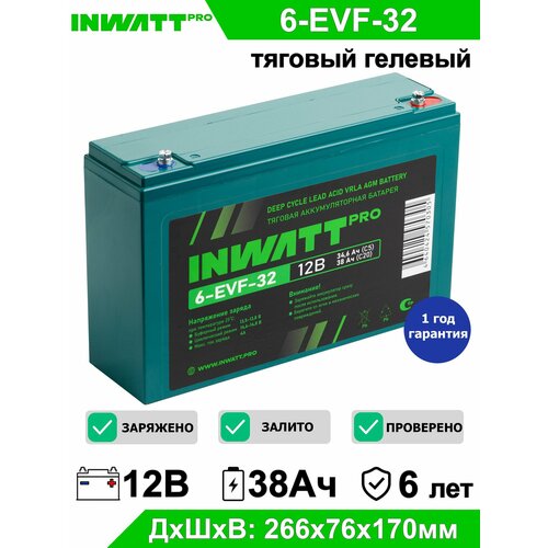 Тяговый аккумулятор INWATT Pro 6-EVF-32 12В 38Ач (12V 38Ah) GEL для ИБП UPS поломоечной машины, штабелера, подъемника, электропогрузчика, тележки, транспортера, гольфкара