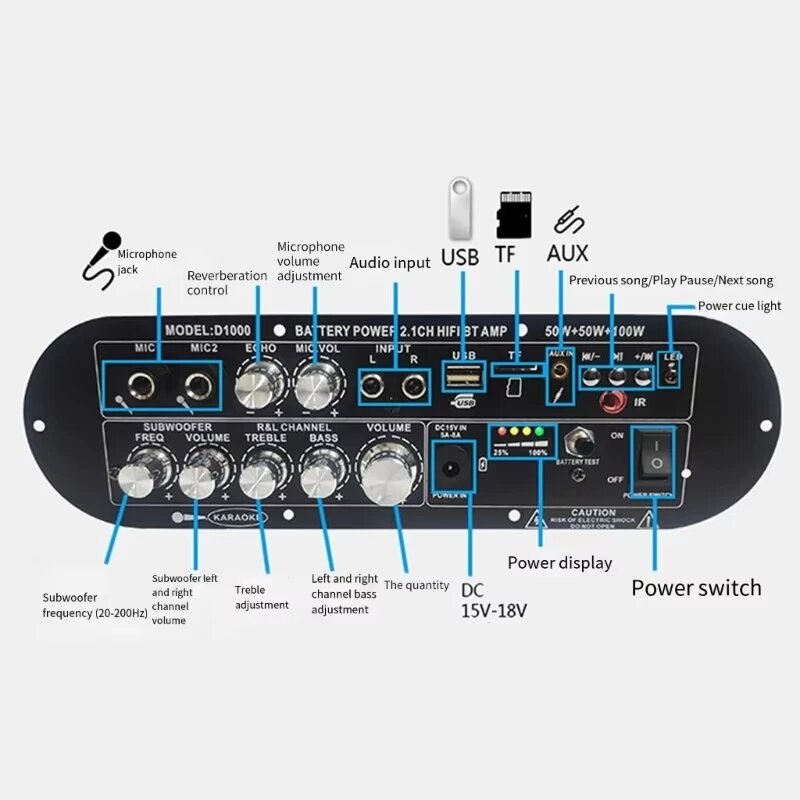 Woopker HIFI Bluetooth перезаряжаемый аудиоусилитель плата 2,1-канальный 50 Втx2 + 100 Вт поддержка микрофона функция подавления свистка — фото 1
