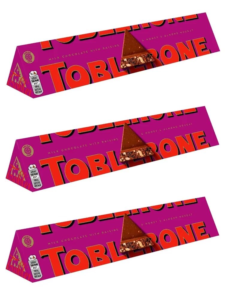 Шоколад Toblerone Молочный с медово-миндальной нугой с изюмом и орехом, 3 шт. х 100 гр. (Швейцария) — фото 1