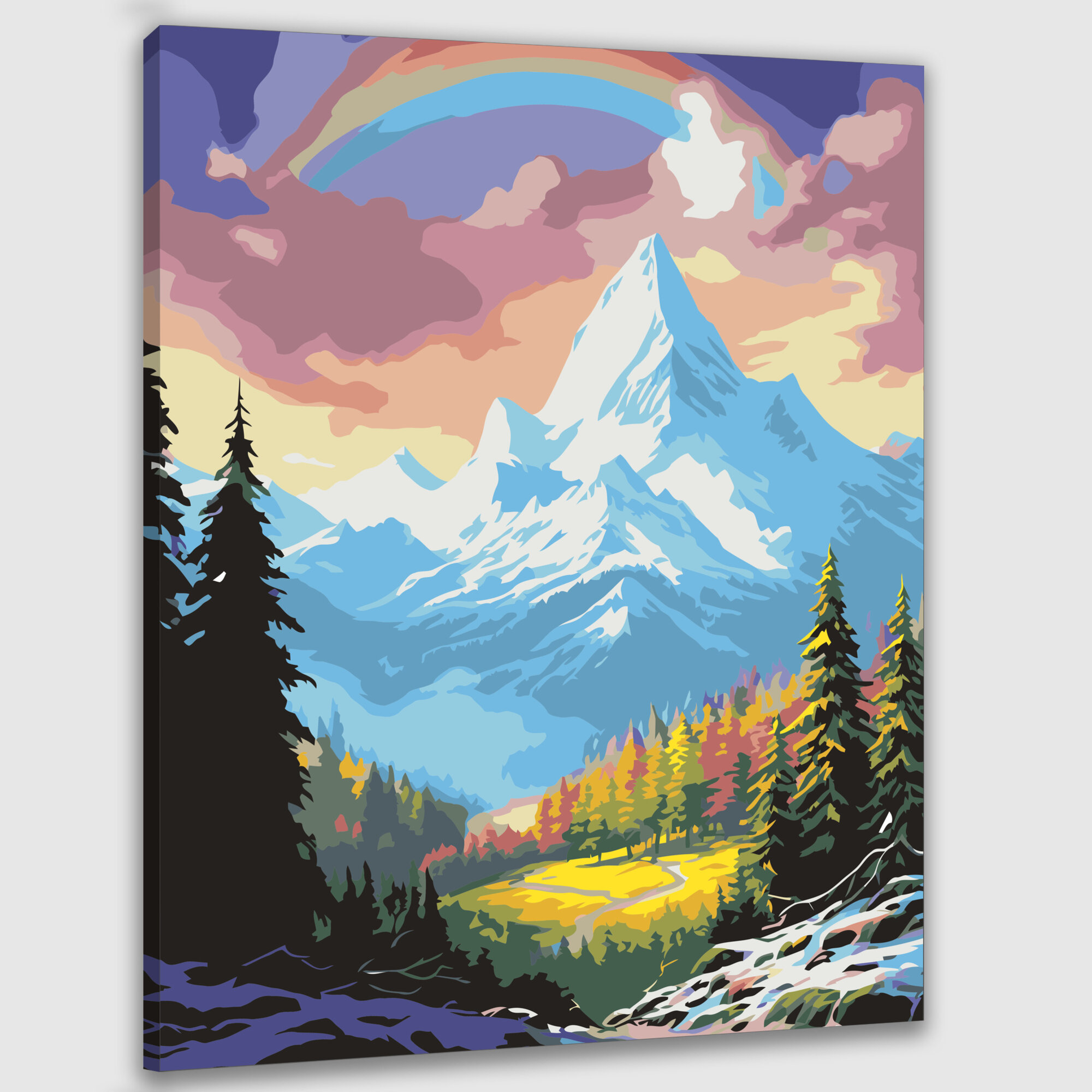 Картина по номерам 40x50 см, горы, заснеженные, радуга, небо, величественная красота, причудливая, цифровая картина