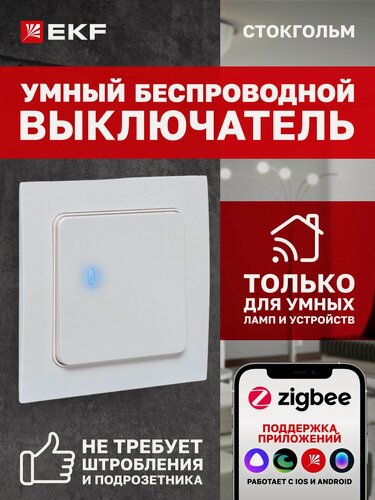 Изображение товара Умный беспроводной выключатель EKF Сonnect 1-клавишный, Zigbee, коллекция Стокгольм