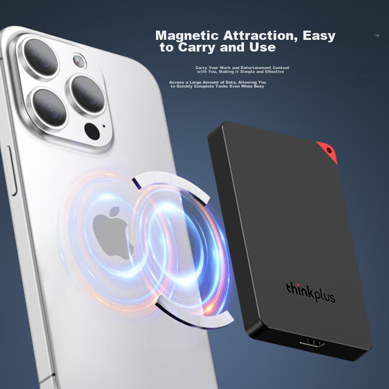 ThinkPlus Lenovo 512GB Magnetic Adsorption Portable Solid State Drive, Magnetic Adsorption for Mobile Phones, USB 3.1 High Speed Reading 550MB/S, Portable PSSD Compact and Portable US100