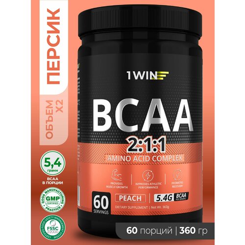 BCAA 2:1:1, вкус Персик, 60 порций, Аминокислоты порошок 1WIN (БЦАА), быстрорастворимый