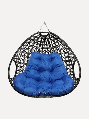 Изображение товара Подвесное кресло для двоих люкс (без стойки), с ротангом чёрное, синяя подушка