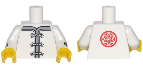 Torso Ninjago Robe with Gray Trim, White Frog Clasps and Red Flower Medallion Pattern / White Arms with Black and Gray Cuffs Pattern / Yellow Hands, 973pb2786c01 White U