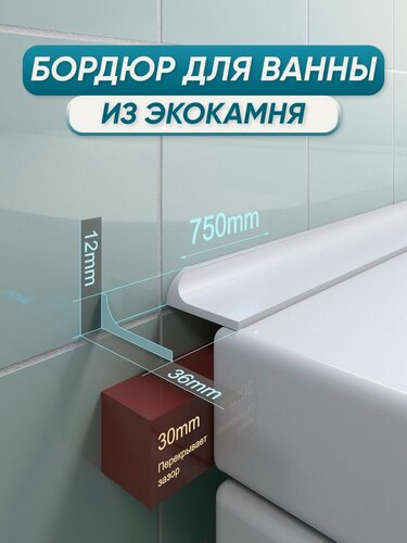 Изображение товара Акриловый бордюр плинтус для ванны BNV ГЛ36 универсальный 75 сантиметров, белый цвет, глянцевая поверхность