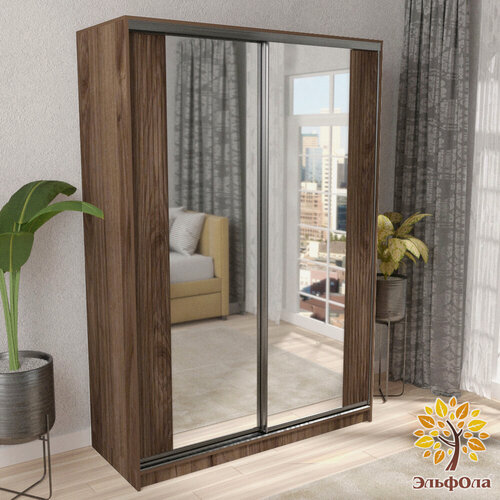 Изображение товара ЭльфОла Шкаф-купе "Вертикаль" 120х45х220 см, цвет гикори джексон темный/черный/накладка гикори джексон, с зеркалом, для одежды, двухдверный