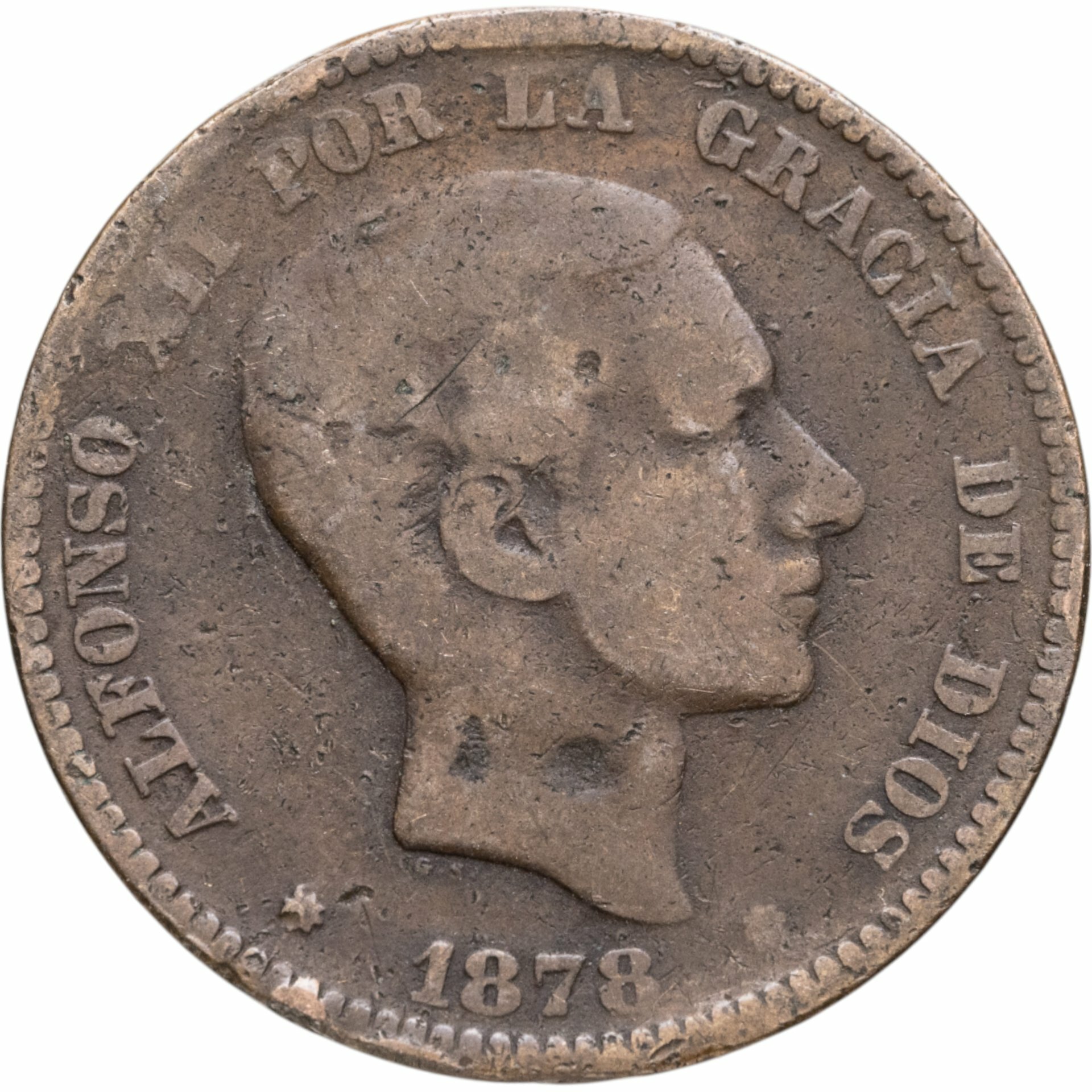 Испания 10 сентимо centimos 1878, Бронза, в сохранности VF