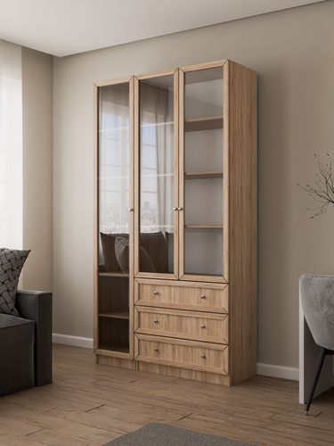 Изображение товара Книжный шкаф Brams - 3 с ящиками | Корпус ЛДСП Дуб Сонома | Фасад рамка Дуб Сонома