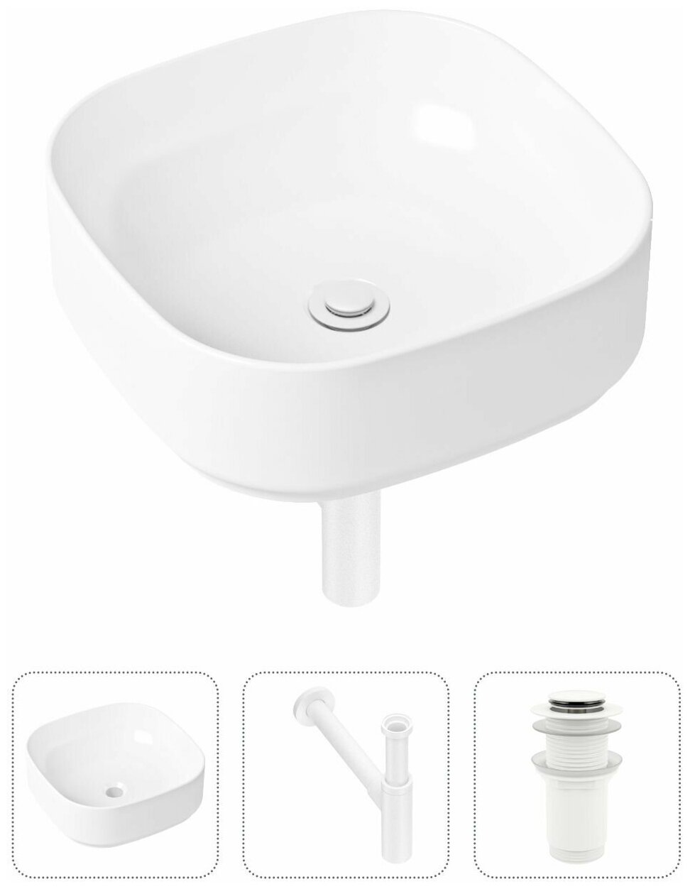 Накладная раковина в ванную Lavinia Boho Bathroom Sink Slim 21520259 в комплекте 3 в 1: умывальник белый, донный клапан и сифон в цвете матовый белый