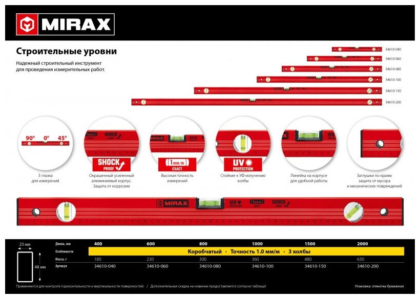 Уровень строительный MIRAX 800 мм 34610-080