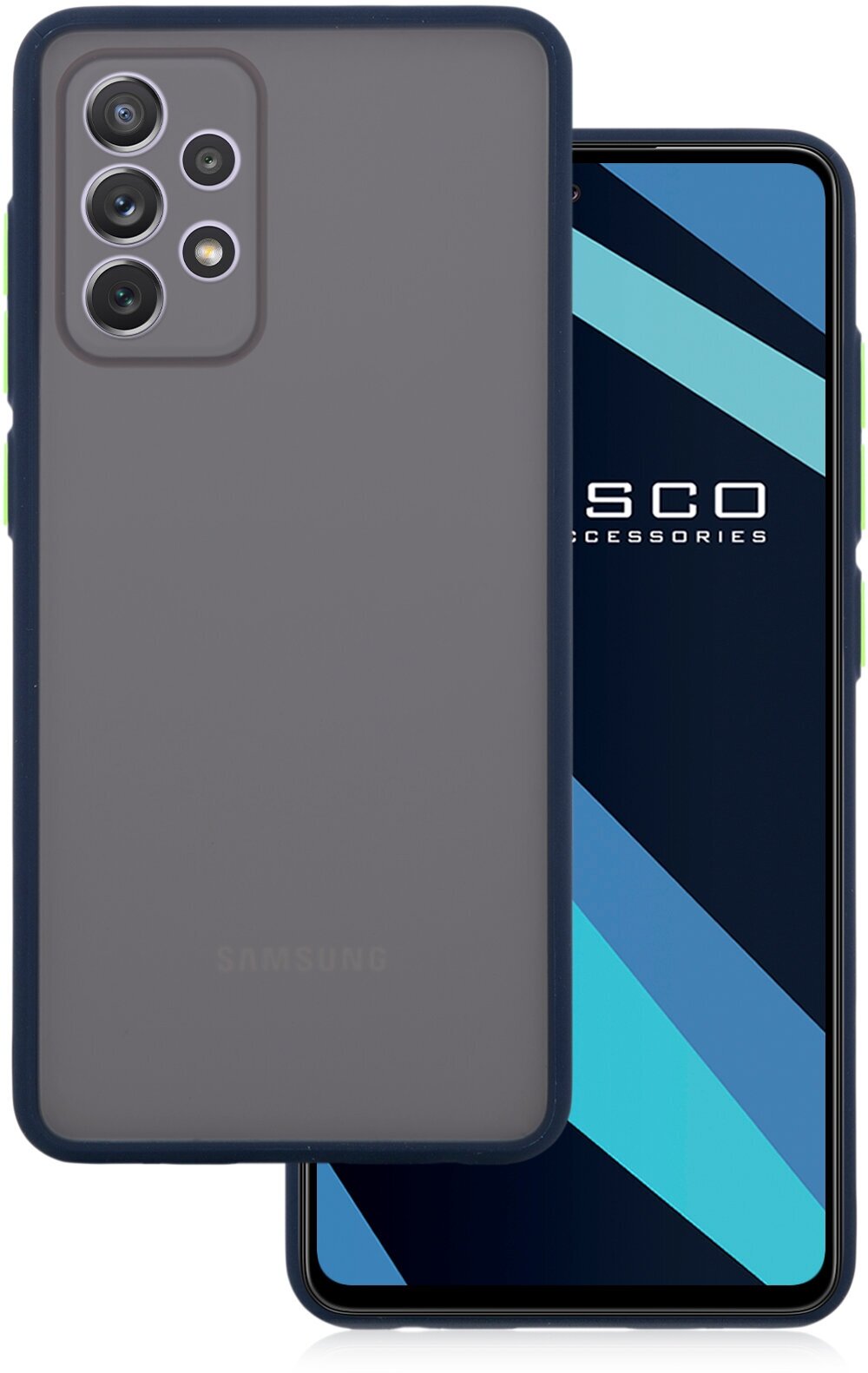 Противоударный чехол ROSCO для Samsung Galaxy A72 (Самсунг Галакси А72) гибридный чехол, гибкая окантовка, матовый синий с зелеными кнопками