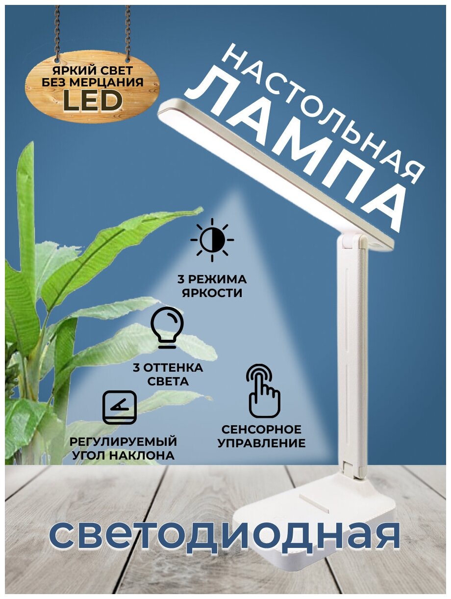 Настольная светодиодная лампа белая, 3 режима, 12 LED ламп, зарядка micro usb, пластик