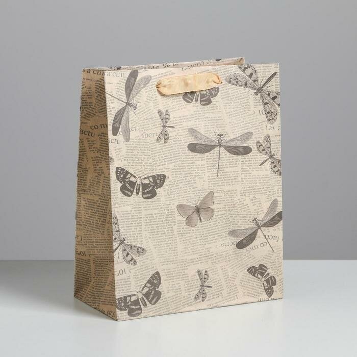 Дарите Счастье Пакет подарочный крафтовый вертикальный, упаковка, «Бабочки», 18 х 23 х 10 см