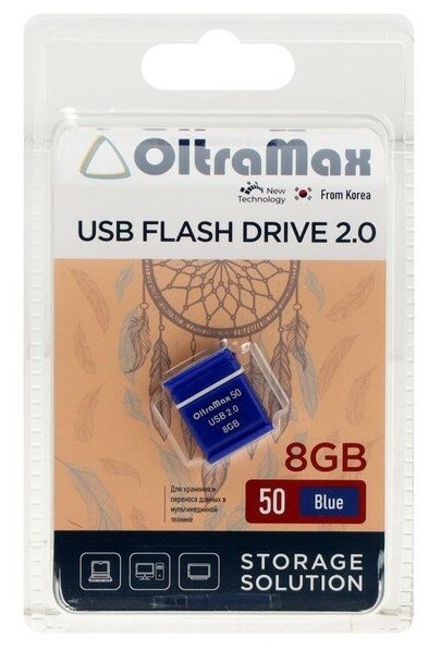 Флешка OltraMax 50, 8 Гб, USB2.0, чт до 15 Мб/с, зап до 8 Мб/с, синяя 9441527