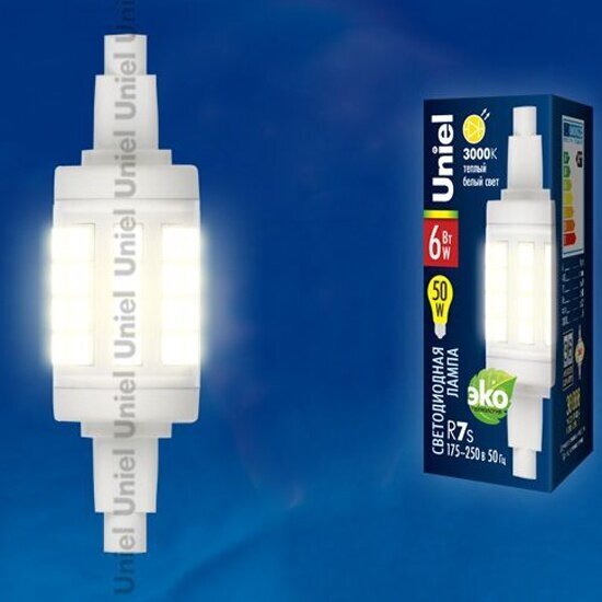 Светодиодная лампа Uniel LED-J78-6W/WW/R7s/CL PLZ06WH Прозрачная. Теплый белый свет. Картон. ТМ .