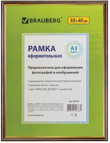 Рамка оформительская Brauberg 30*40 см, пластик, багет 14 мм, HIT, красное дерево с позолотой, стекло (390259)