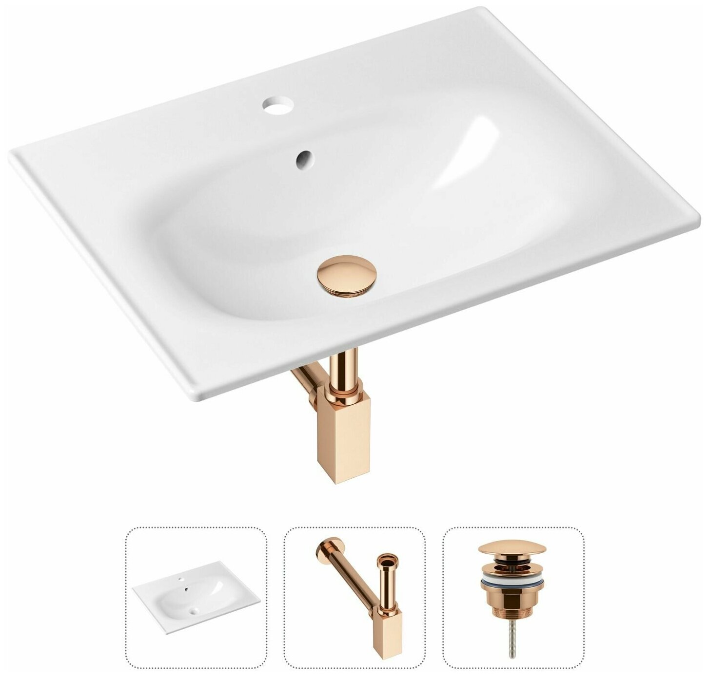 Комплект 3 в 1 Lavinia Boho Bathroom Sink 21520454: врезная фарфоровая раковина 60 см, металлический сифон, донный клапан