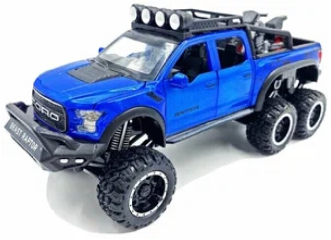 Ford Raptor F-150 Форд Раптор (металлическая инерционная машинка, 1:32, 22 см, с открывающимися дверьми, капотом и багажником, С мотоциклом)