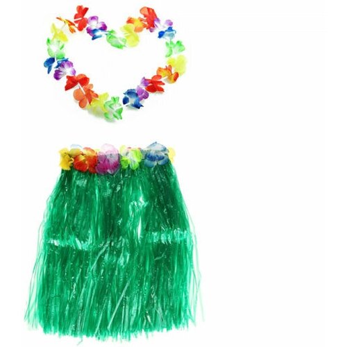 зеленая гавайская юбка 7677 Гавайская юбка 40 см зеленая, гавайское ожерелье 96 см